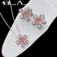 black angel new shiny pink gemstone romantic cherry blossoms necklace stud earrings resizable ring for women wedding jewelry set