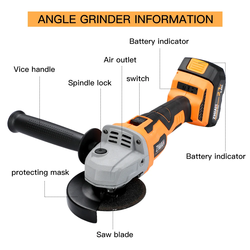 ZHJAN 21V Electric Brushless Angle Grinder Lithuim Battery Cordless | Polisher
