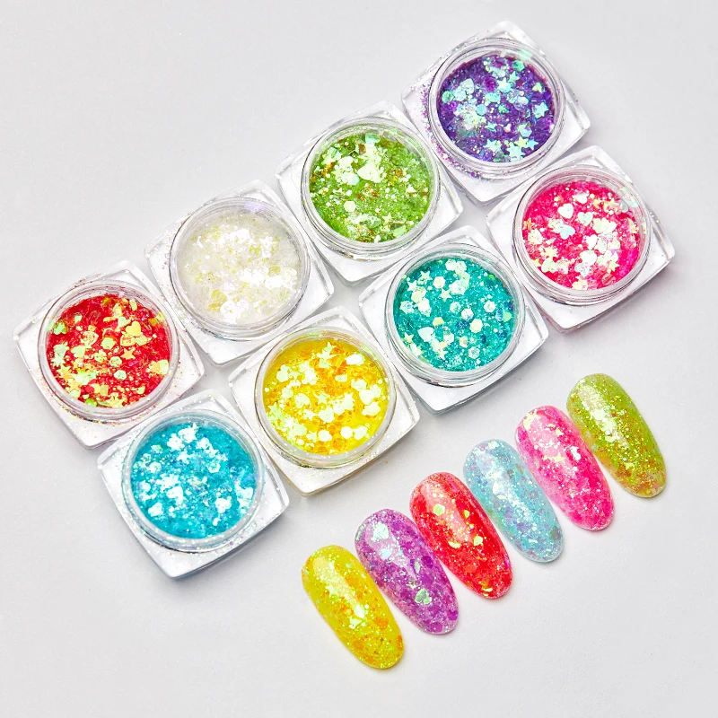 Четыре лилии 1 коробка порошок для ногтей блестящие хлопья 3D Сердце Звезда