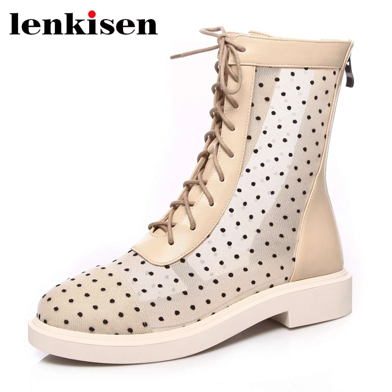 

Lenkisen 2020 new large size polka dot air mesh sunscreen breathable shoes women round toe med heel young lady summer boots L07