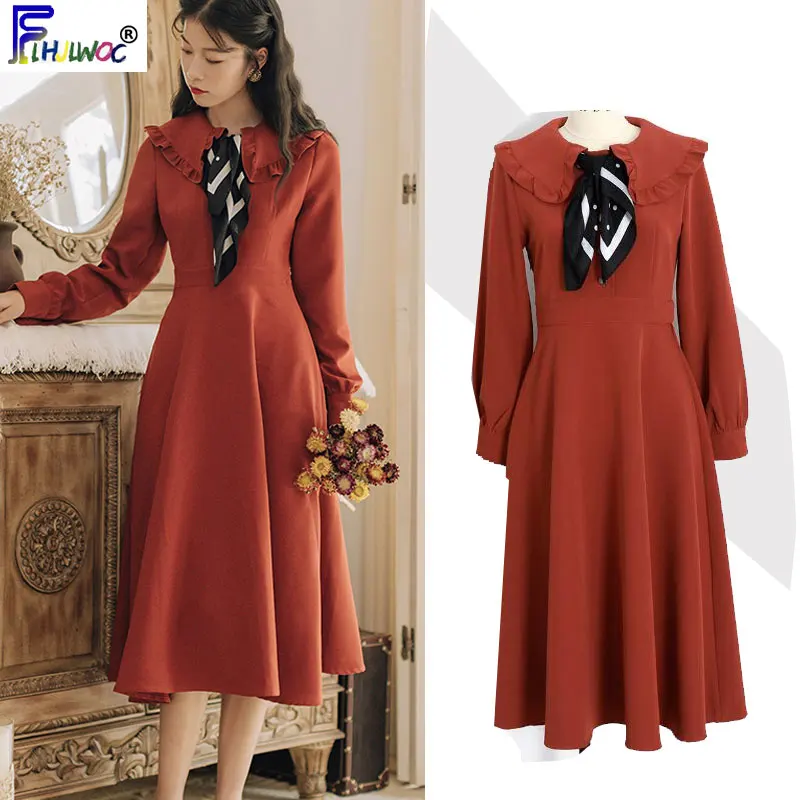 Женское винтажное платье с рюшами длинное красное длинным рукавом и бантом в