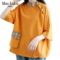 max lulu 2021 summer fashion ladies stand collar short sleeve t shirt women casual yellow tee girl plaid patchwork loose tops