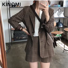 KINOMI, винтажный Двухсекционный клетчатый Блейзер, костюмы для женщин, однобортный пиджак, юбка-карандаш, Женская юбка, костюм, повседневный Блейзер, наборы, осень