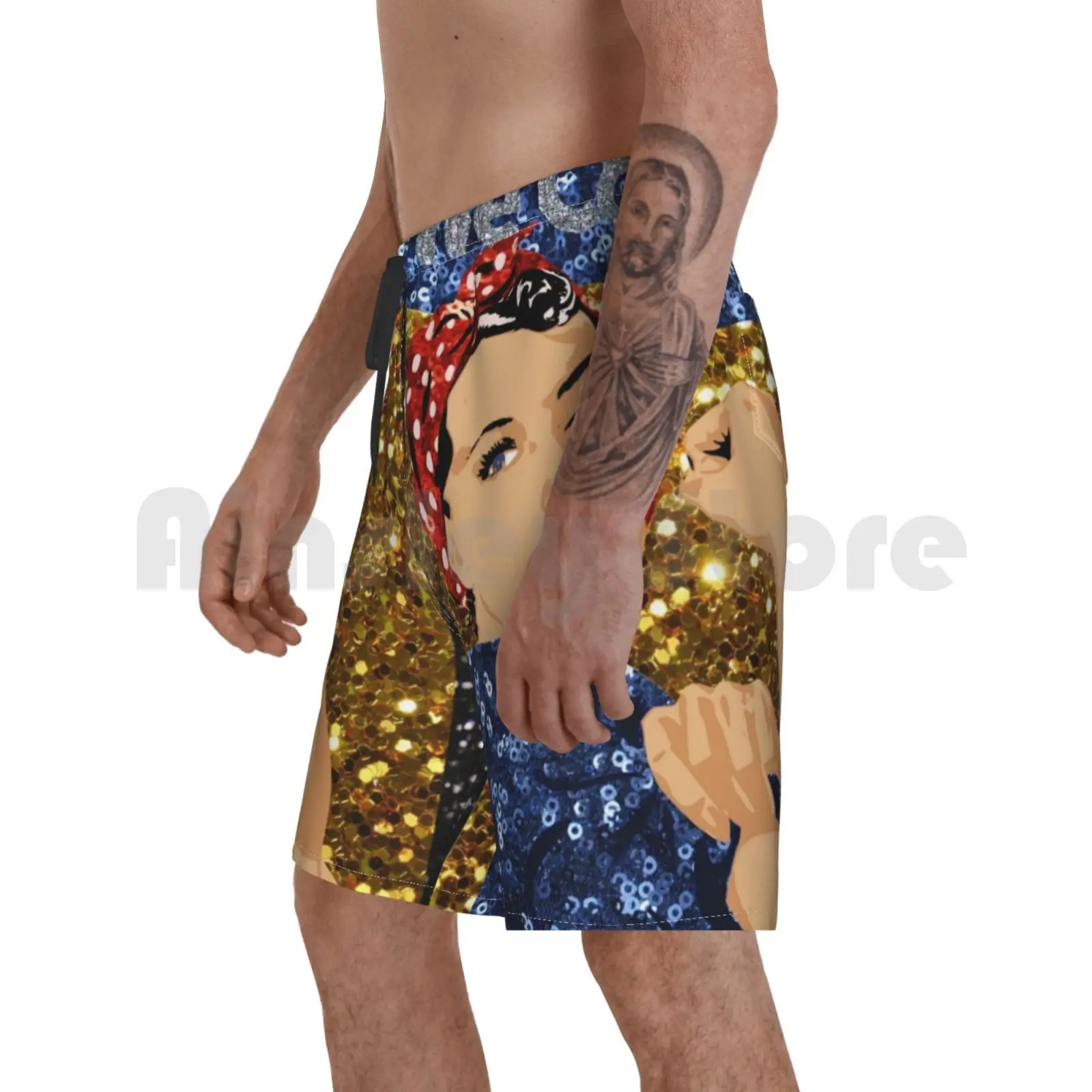 

Glitter Print Rosie The Riveter Beach Shorts Men Beach Pants Swim Trunks Glitter Rosie The Riveter Rosie The Riveter
