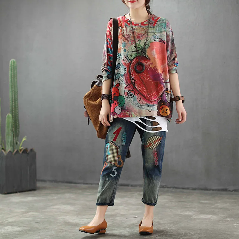 QPFJQD уличная женский свитер в винтажном стиле свободные вязаные топы с мультяшным