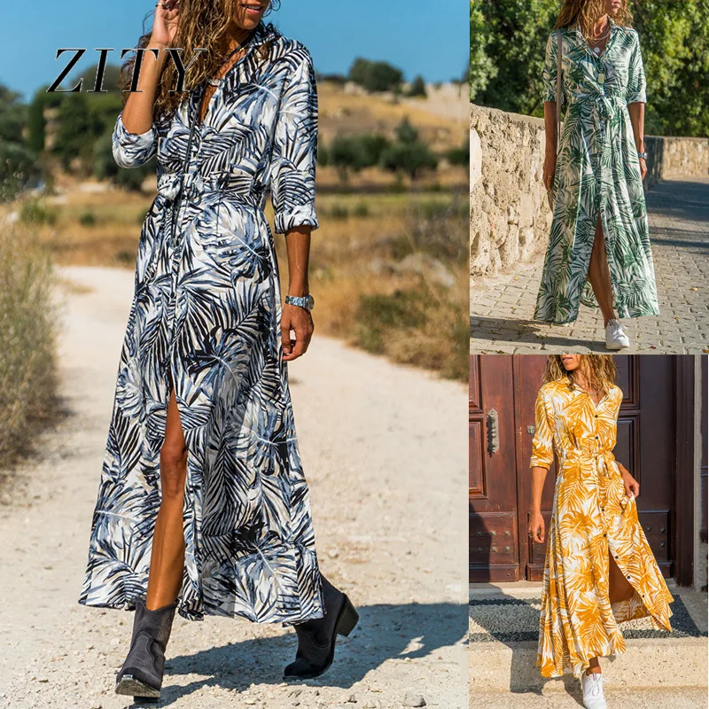 

New Ladies Printed Long Dress 2021 Spring Button Split Dress Casual Lapel High Waist Lace Ladies Chiffon Shirt Long Skirt