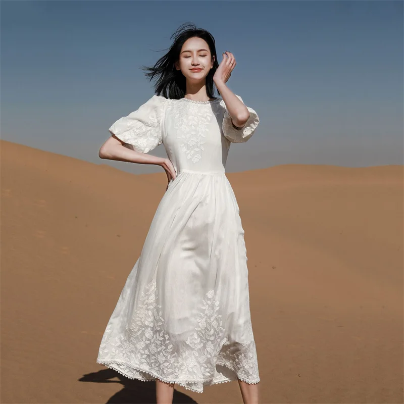 Elegant White Floral Embroidery Silk Cotton Dress Women Casual O Neck Short Sleeve Midi Dresses High Waist A Line Summer Dress