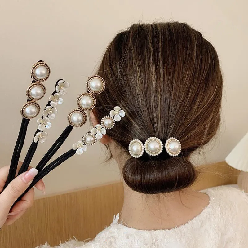 

Woman Elegant Pearl Hair Bun Maker Tool Girl Flower Pontail Band Hairstyle Donut Hair Accessories Braider Twist Headwear