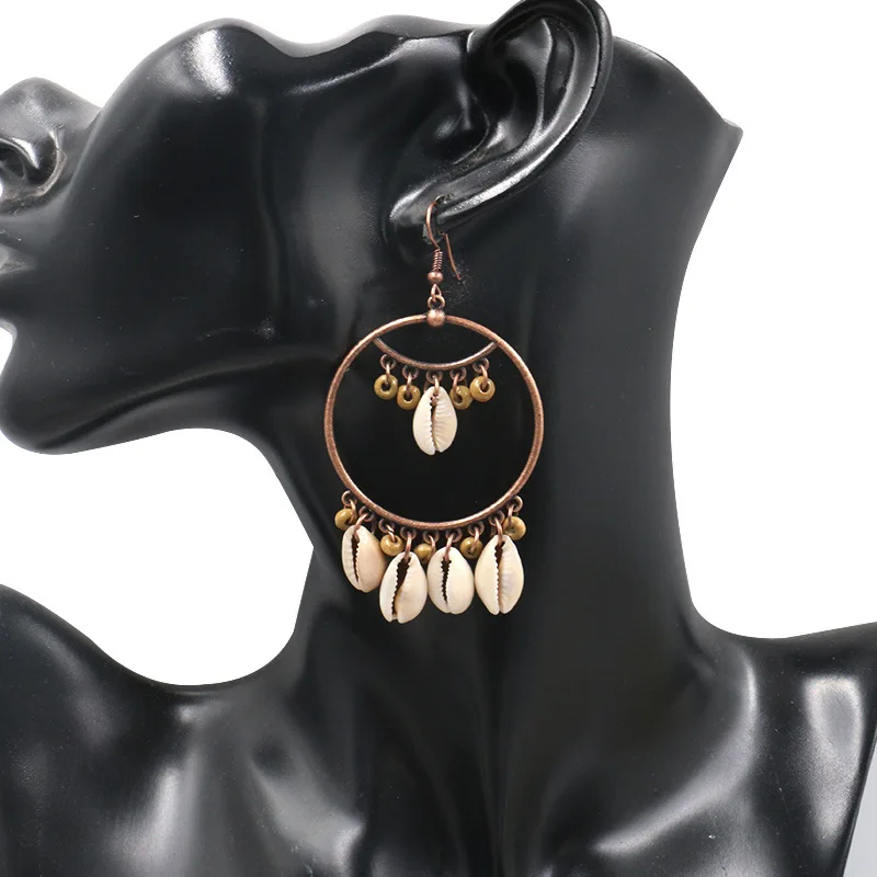 

Retro India round Hollow Earrings Creative Natural Shell Pendant Tassel Earrings Seaside Holiday Accessories Gift