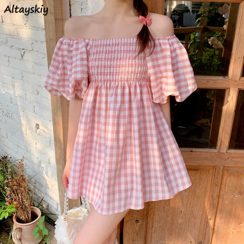 

Women Short Sleeve Dresses Chiffon Mini Dress Puff Sleeves Slash Neck Plaid Sweet Girls Kawaii Summer Pleated Korean Ulzzang Ins