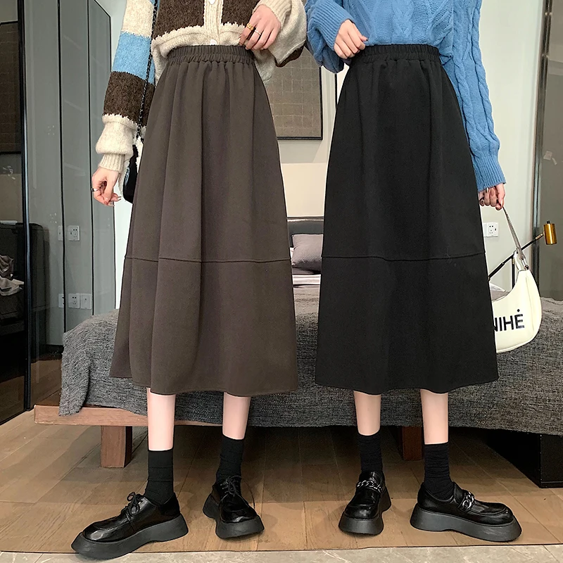 

2022 Autumn Winter New High Waist Thin Sanded Woolen Skirt Simple Solid Color Casual Loose Women A-line Long Skirt Free Shipping