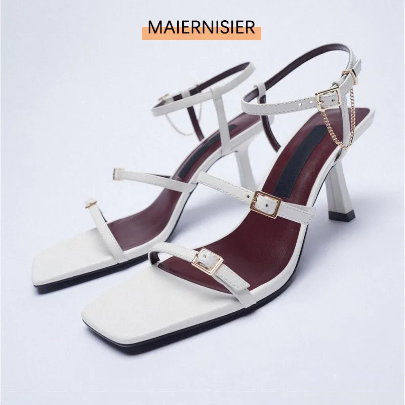 

Metal Chain Stiletto Sandals Summer New Stiletto High-Heeled Roman Shoes One Word Buckle High Heels Women