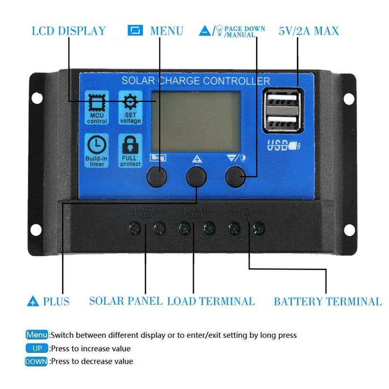 Tanie Automatyczny Regulator ładowania Solarnego PMW, 60A/50A/40A/30A/20A/10A, 12V 24V, Kontroler Energii Słonecznej, LCD, Podwójny Port USB, Wyjście 5V, Panele Słoneczne, Regulacja PV