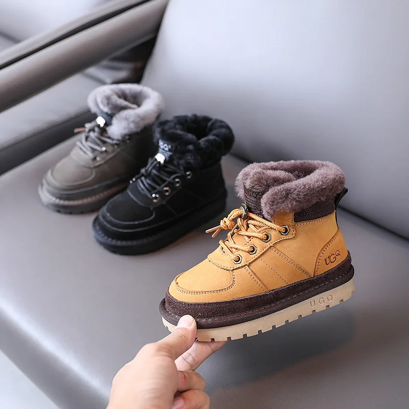 

Kids Fur Snow Boots Winter New Children Warm Brand Shoes Baby Boys Fashion Boots Girls Genuine Leather Boots Slip On Ankle Shoes