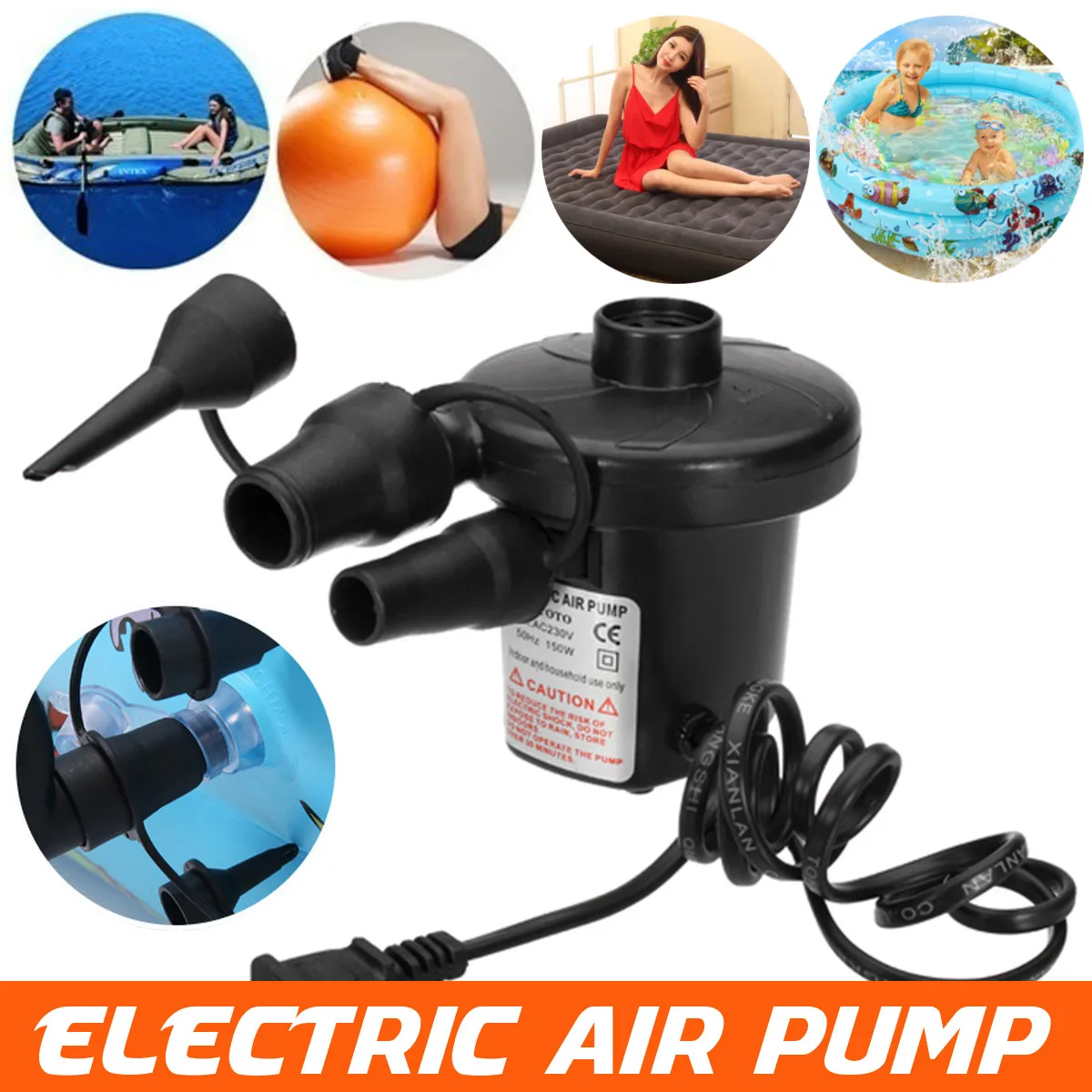 

220V Portable Electric 3 Nozzles Air Pump Air Mattress Boat Car Quick Filling Air Inflatable Pump For Home Car Camping Inflator