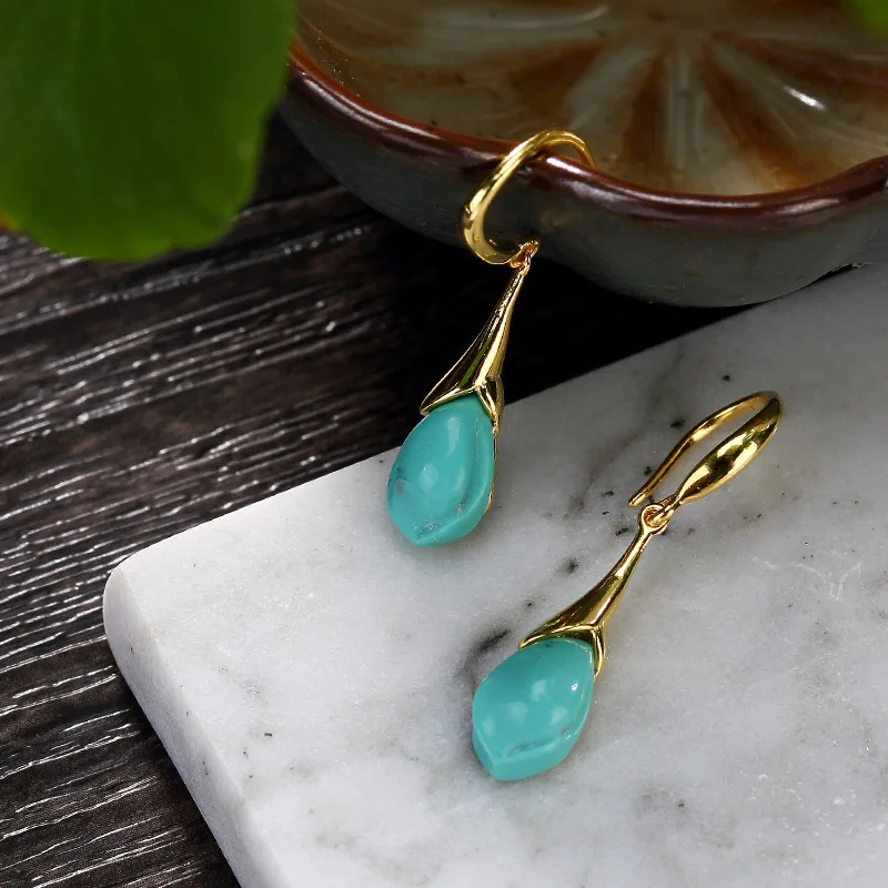 Винтаж 925 серебро натуральный камень бирюзовый вырезаны в форме цветов капли