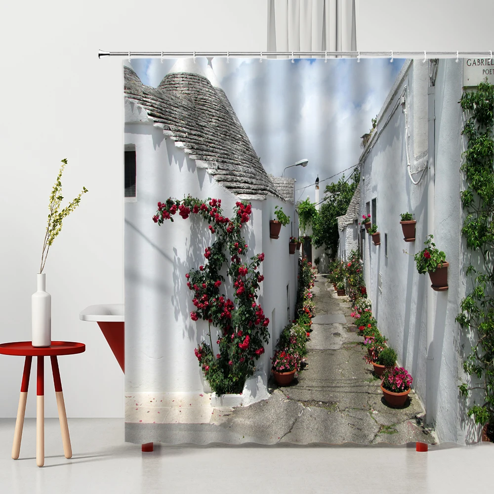 

European Street View Shower Curtain Flower Plant Brick Stone Pattern Washable Home Decor With Hook Red Floral Bathroom Curtains