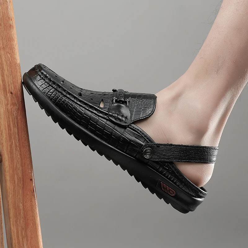

Half Slippers Men Shoes summer Genuine Leather Flats Mules Shoes breathable sandals Man Soft Leather Slipper big size 47