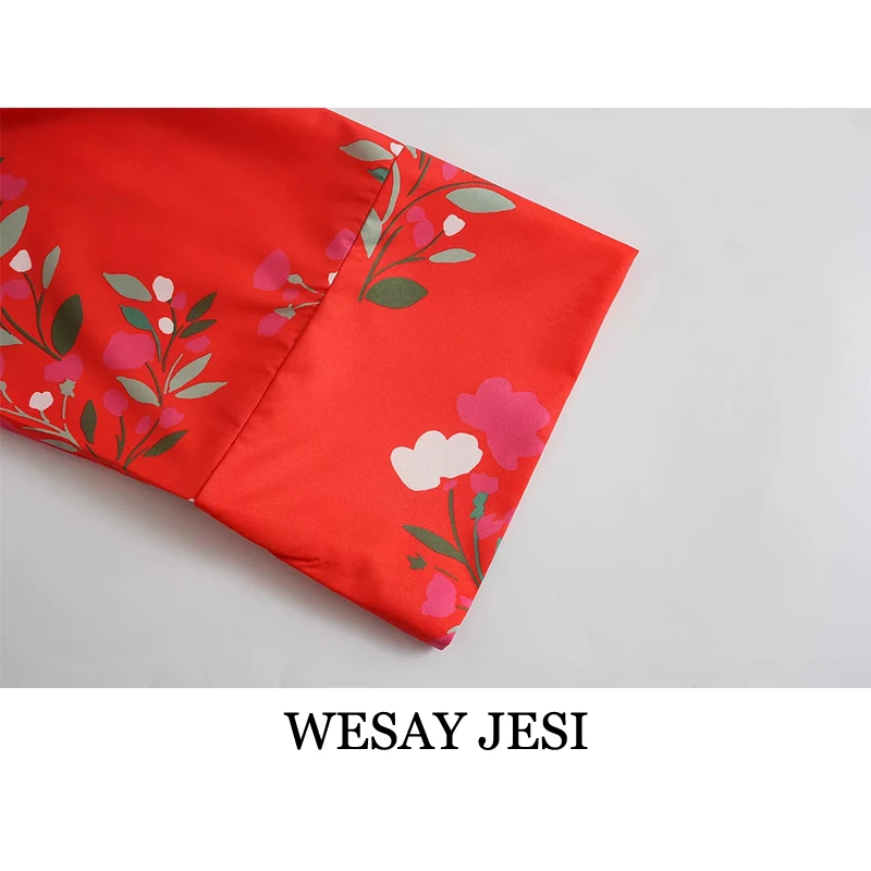 

WESAY JESI Women's Clothing 2021 Dresses TRAF Elegant V-Neck Floral Print Red Kimono Midi Shirt Dress Female Bow Sashes Dress