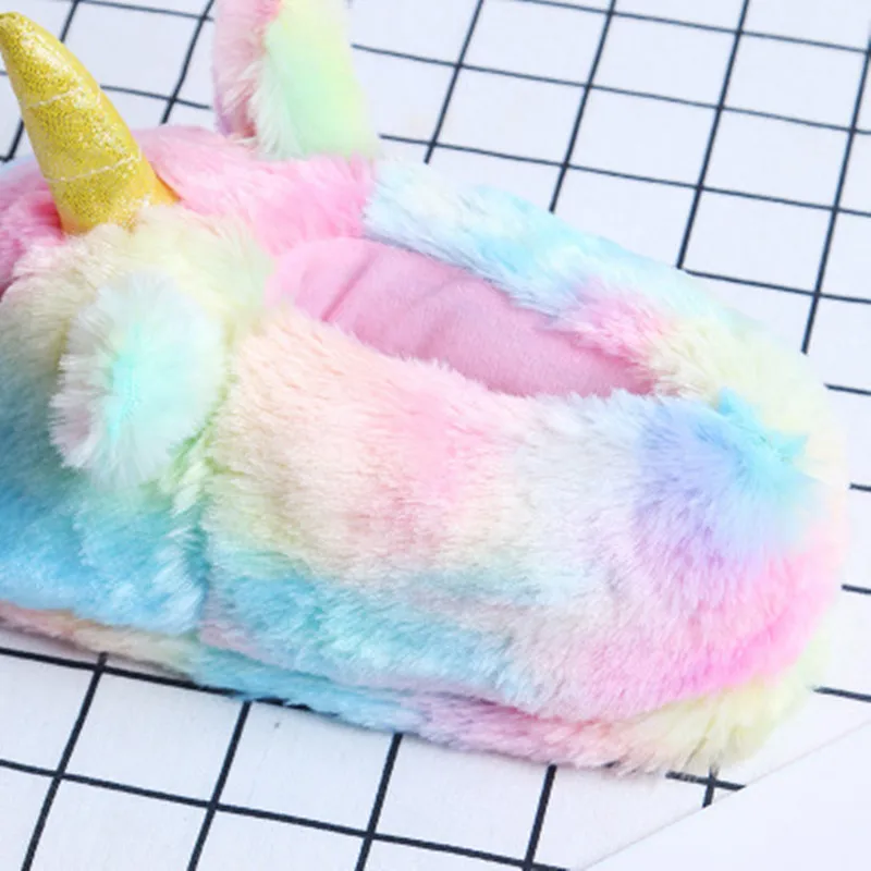 FAYUEKEY Cartoon Rainbow Unicorn Slippers Women Girls Winter Plush Warm Home Slippers Indoor Shoes Cotton Women Unicorn Shoes