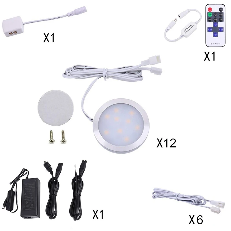 AIBOO LED Linkable Under Cabinet Lighting Dimmable 6/10/12 Puck Lights with Wireless RF Remote Control Hardwired& Wall Plug in