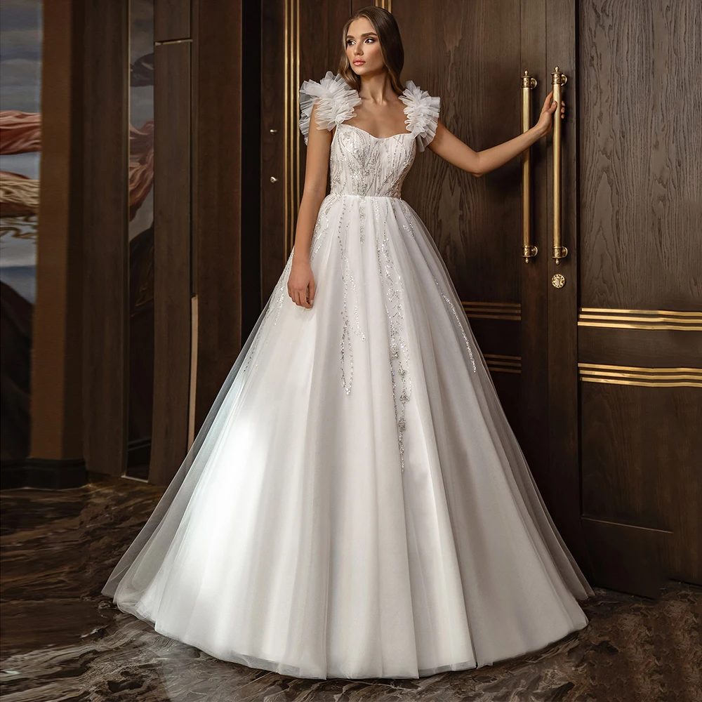 

Elegant Princess Ball Gown For Wedding 2021 Bride Sweetheart Neck Sleeveless Bridal Dress White Tulle Sweep Train Button Back