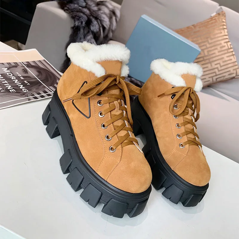 

Женские зимние ботинки на толстой подошве, высокие шерстяные сапоги, Теплые ботильоны на шнуровке, роскошные брендовые ботинки, размеры 34-41
