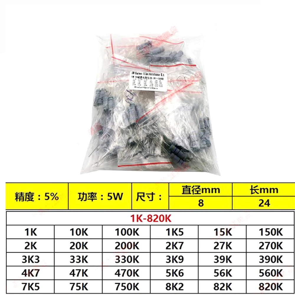 150 шт./лот 5 Вт Мощность угольный осажденный резистор комплект ассортимент набор