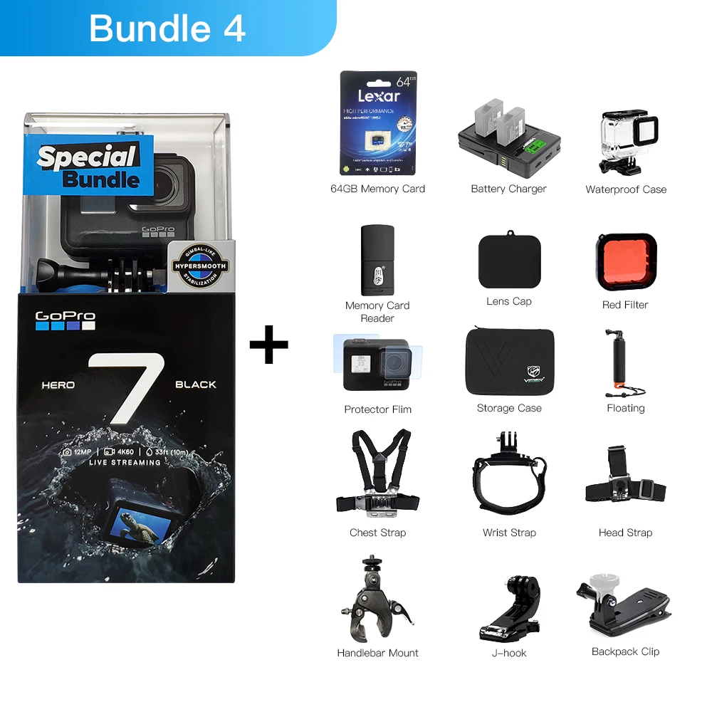 Bundle 4 Оригинальная специальная экшн-Камера GoPro Hero 7 черного цвета Go Pro Hero7, Спортивная камера 4K 60fps 1080P 240fps 12 MP, прямая передача фотографий - Цвет: Bundle 4