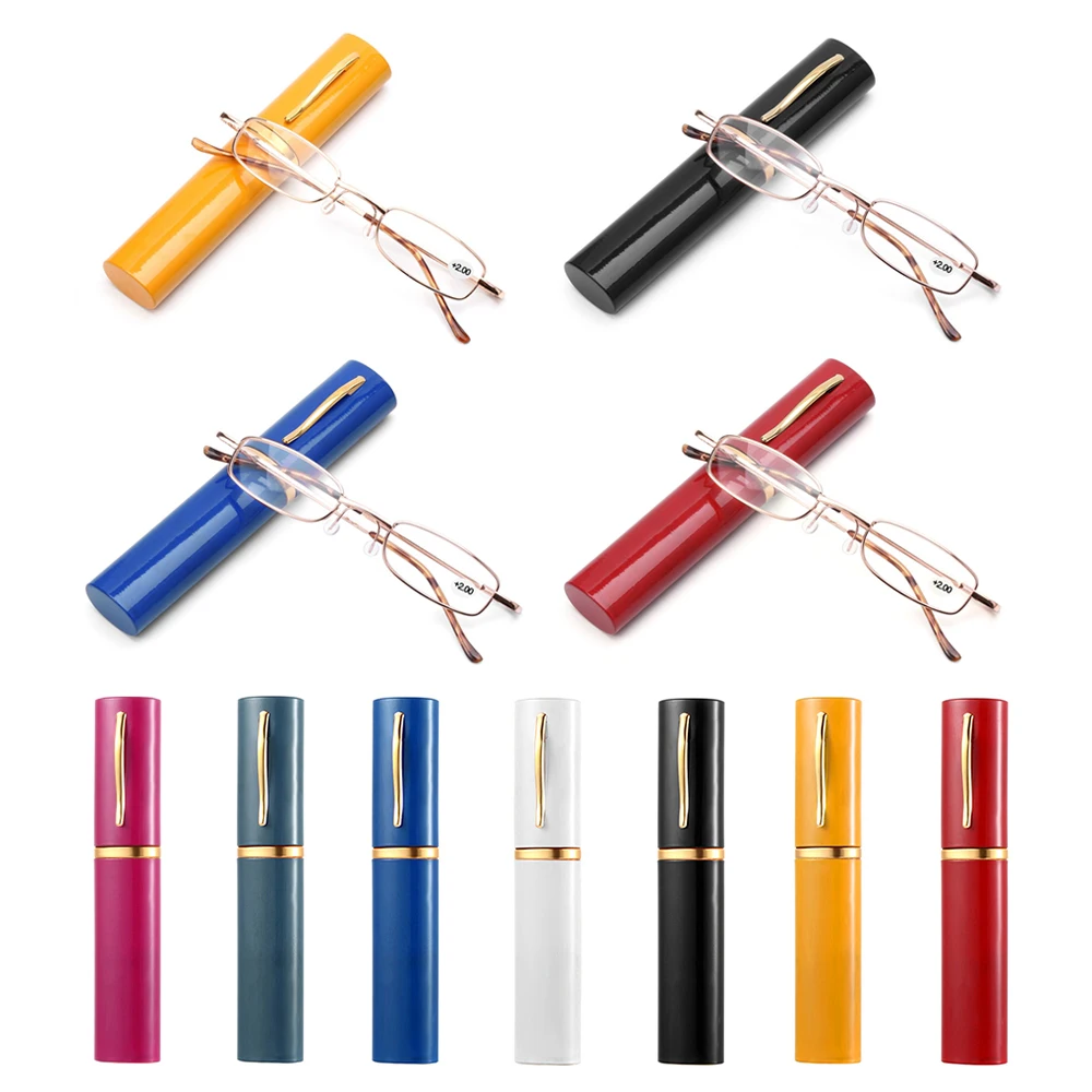 

Reading Glasses with Pen Tube Case Presbyopic Glasses Portable Metal Case Spring Hinge Eyeglasses Unisex Vision Care +1.00~+4.00