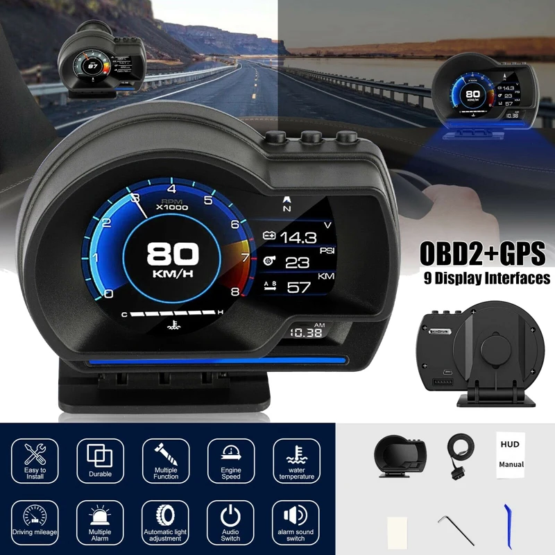 

Автомобильный датчик HUD OBD2 + GPS, цифровой дисплей, спидометр, измеритель оборотов в минуту, датчик температуры воды и масла, устранение кода н...