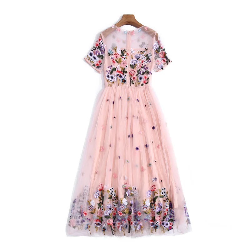 

Fashion Trend Summer New Women'S Dress Romantic Flowers Embroidery Elegant Party Sexy Net Yarn Exquisite Elegant Long Dress
