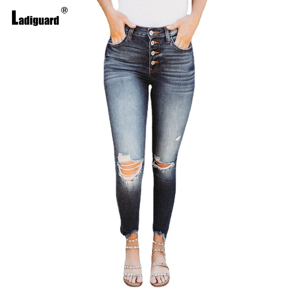 Ladiguard Sexy Vintage Jeans Women Fashion Denim Pants Skinny Bottom Girls Streeetwear Hole Ripped Denim pants Vaqueros Mujer