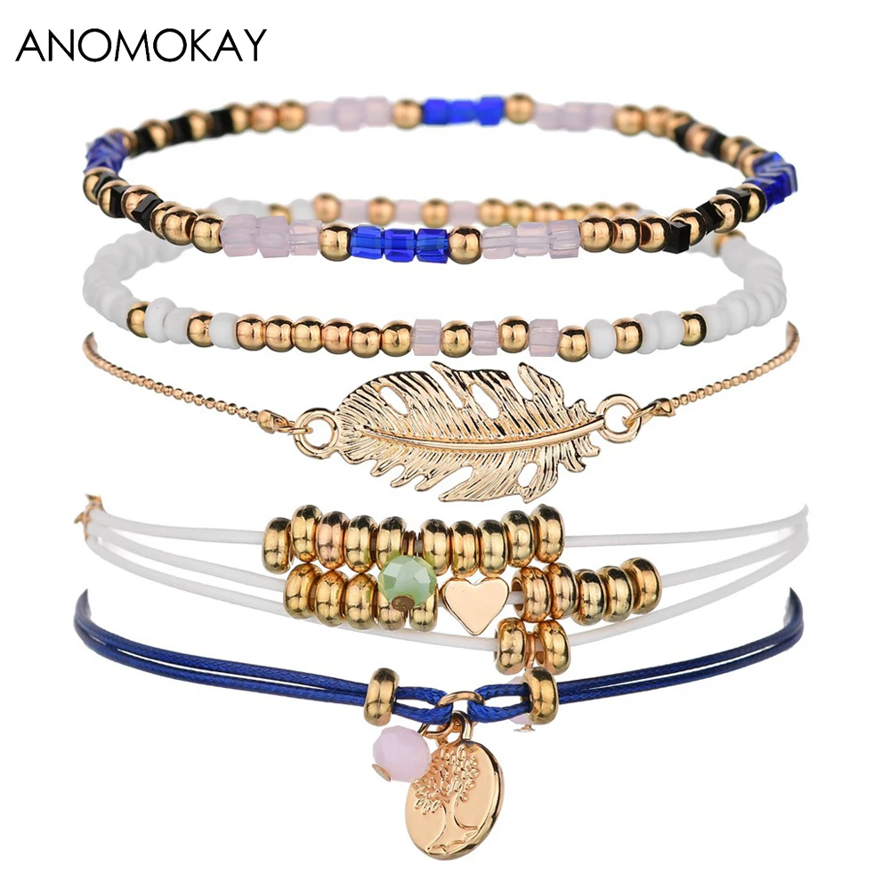 Набор из 5 штук браслетов "Лист Любовь" с золотыми бусинами в винтажном стиле для женщин.