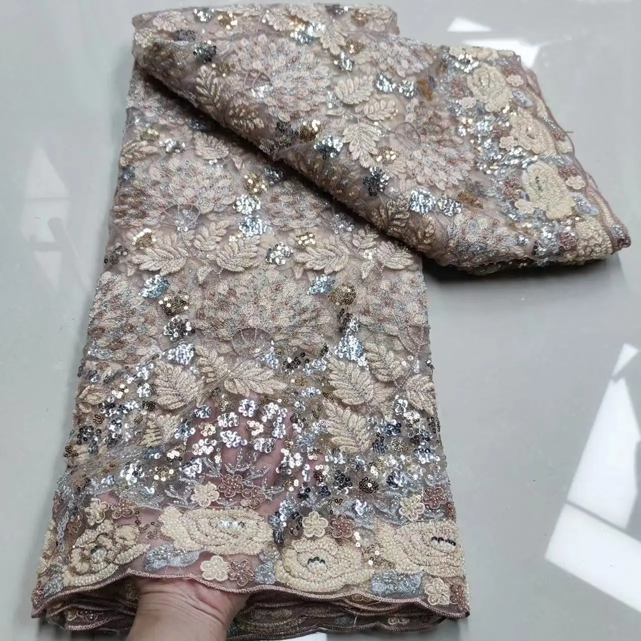 

French Mesh Lace African Tulle Beaded Fabric 2022 High Quality Handmade Sequins Lace Nigerian Wedding Lace Fabrics For Dress