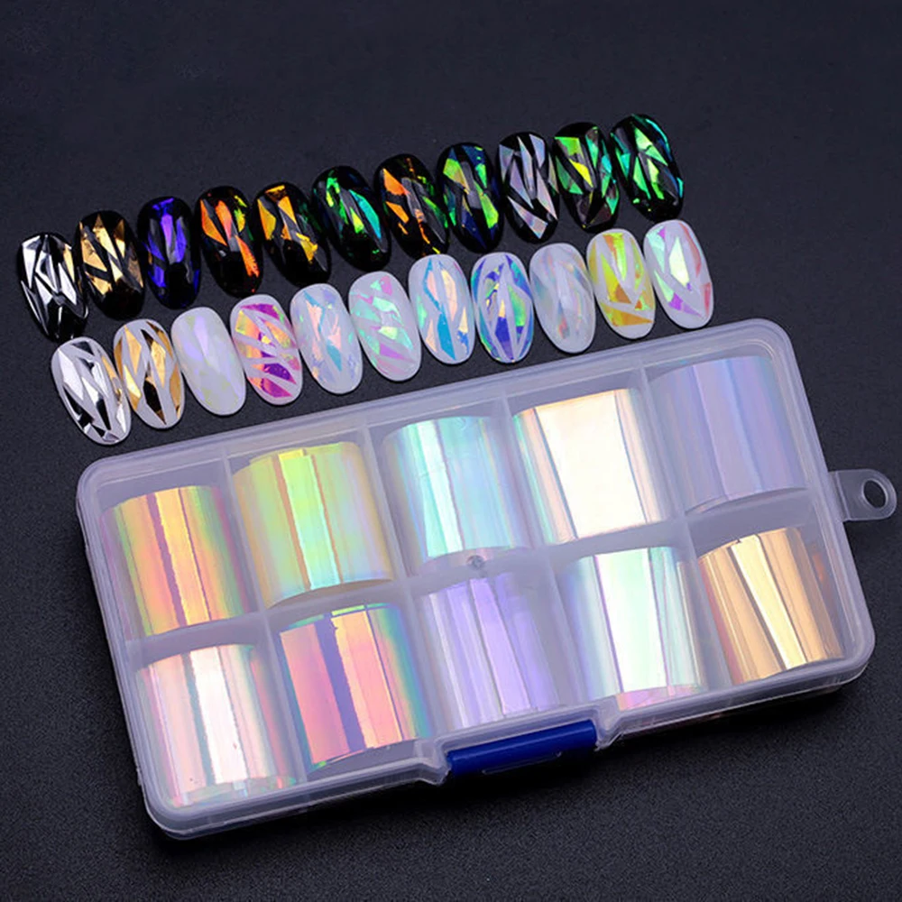 

10Pcs/Box Colorful Shiny Design Nail Foil Paper DIY Laser Aurora Broken Glass Nail Foil Film Glitter Nail Decals Transfer Paper