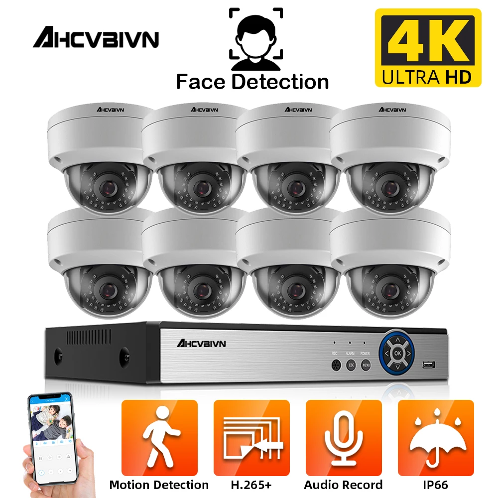 

4CH 8CH 4K POE NVR Kit Face Detection H.265 Security Camera System 8MP Audio AI IP Camera Outdoor CCTV Video Surveillance Set