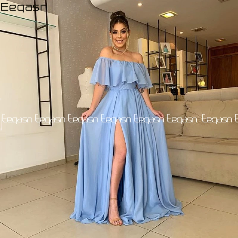 

Eeqasn robe de soiree Prom Dresses 2020 Blue Off the Shoulder Evening Dress Long with Slit Formal Dresses Woman Party Night