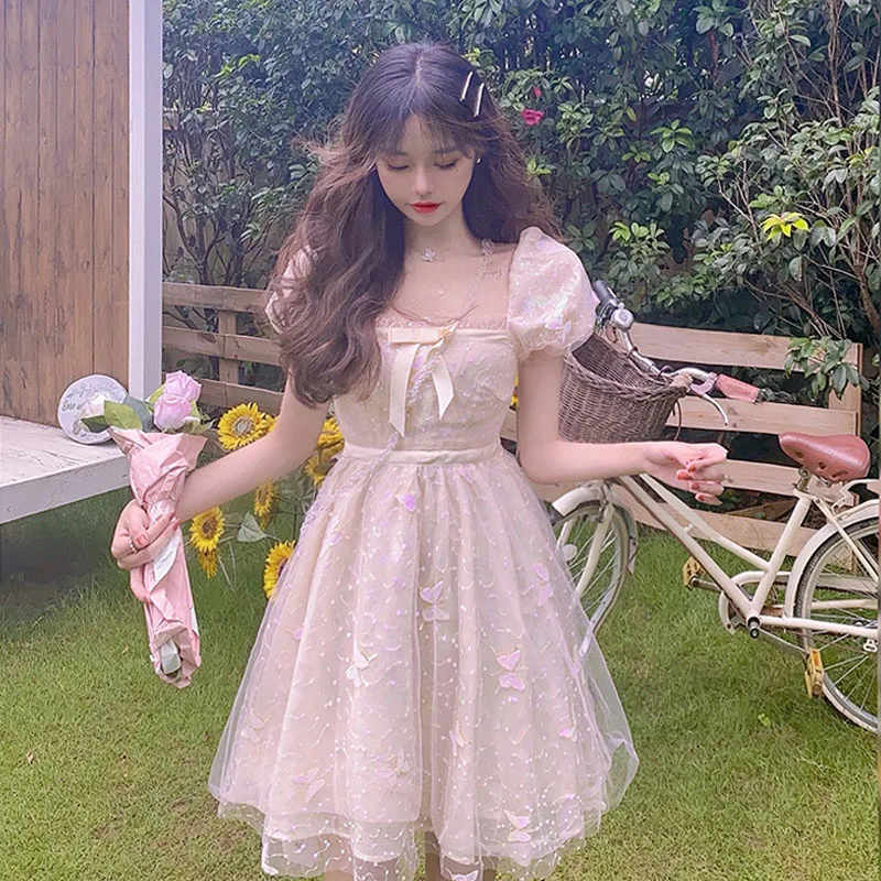 

Korean 2021 Summer Sweet Solid Fairy Dress Retro Kawaii Short Sleeve Mesh Mini Dress Women Pretty Chic Bow Lace Beach Dresses