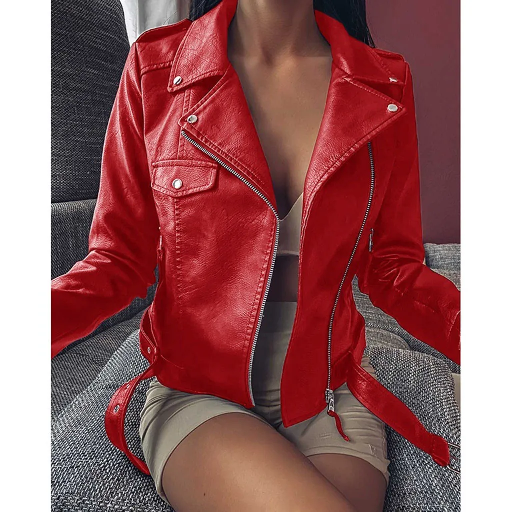 

Women's long-sleeved short-slim leather zipper stitching leather jacket, solid color fashion in autumn and winter
