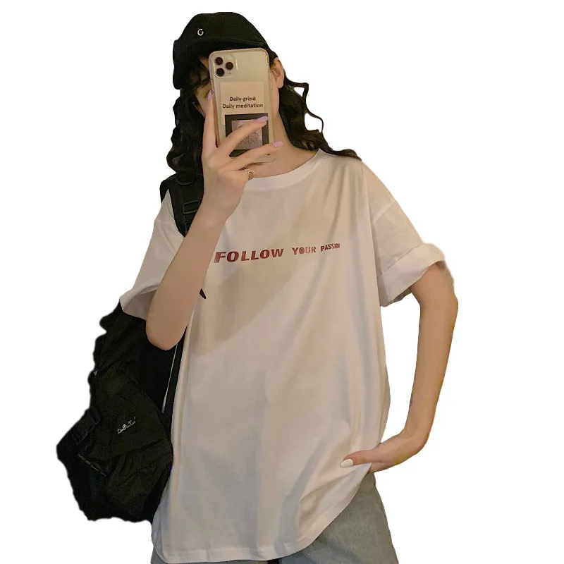 

Pure Cotton Korean T Shirt Women Fashion Tops Shirts Leisure Top Tee Casual Ladies Short Sleeve Round Nack Streetwear T-Shirts