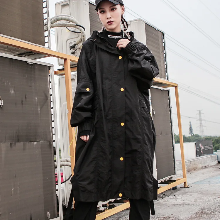 

QING MO Fashion Brand Black Women Coat 2019 Autumn Women Adjustable WaistCoat Single Breasted Wide Waisted Coat Loose ZQY1656