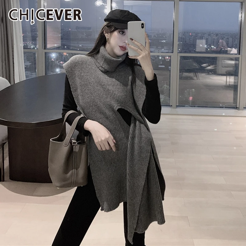 CHICEVER корейский Вязаный плащ свитер для женщин короткий рукав водолазка