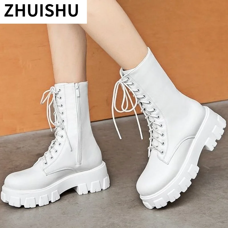 

Новинка осени 2021, женские ботинки из искусственной кожи на среднем каблуке со шнуровкой и молнией, женские повседневные ботинки на платформ...