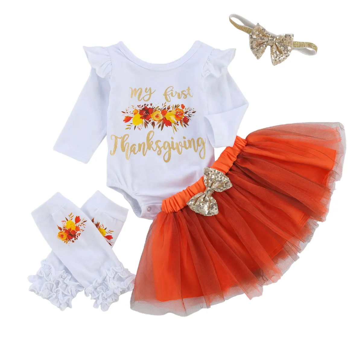 

Baby Girls Thanksgiving Clothes Set Letter O-neck Tops + Solid Color Tutu Skirt + Ruffle Leg Sleeve + Bow-knot Headband