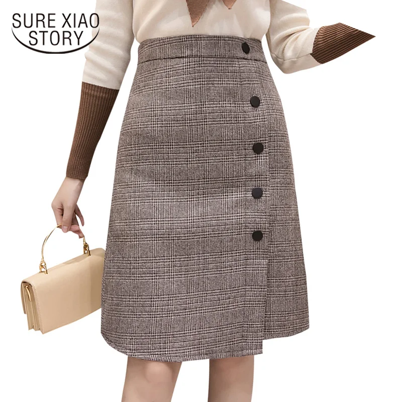 2019 Женская Офисная деловая юбка миди с пуговицами Зимняя высокой талией Осенняя