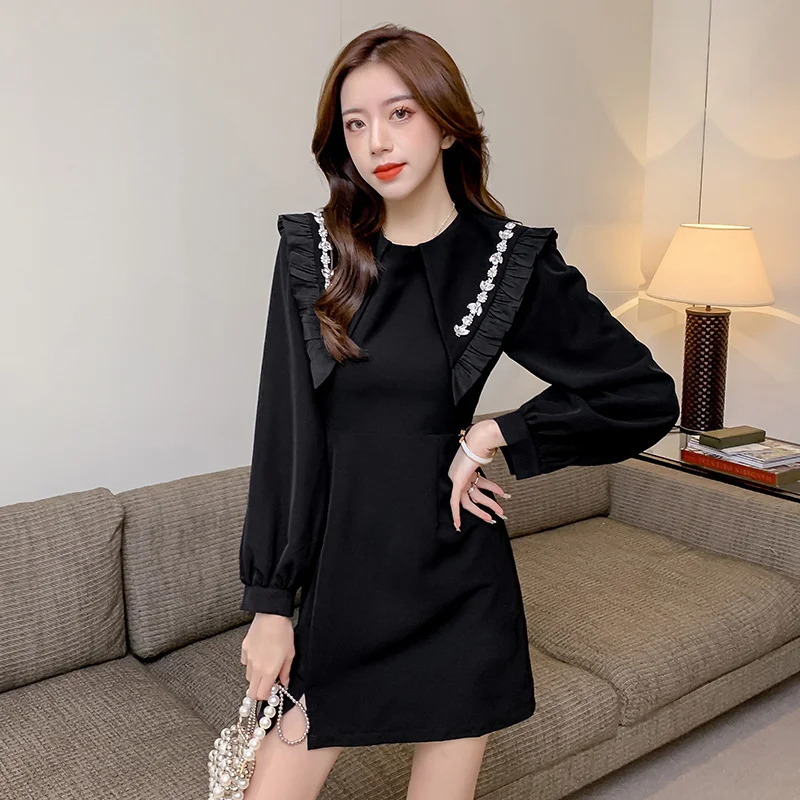 

2021 Autumn New Hepburn Style Little Black Dress Long Sleeve Sexy Split Doll Collar Dress