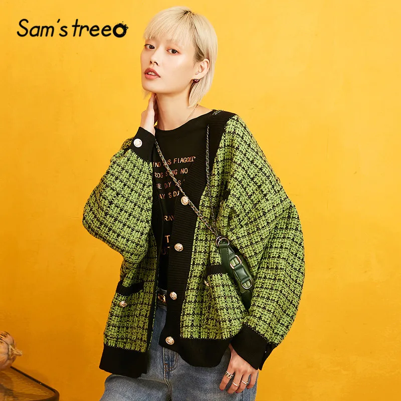 SAM'S TREE клетчатый кардиган на пуговицах с графикой, свитер для женщин, зима, вязанные повседневные офисные женские Топы с длинным рукавом