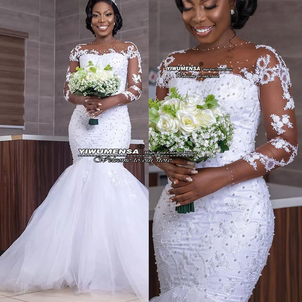 

Arabic Aso Ebi Mermaid Wedding Dress Full Sleeves O Neck Robe De Marriage Bride Sweep Train Nude Tulle Lace Beads Bridal Gowns