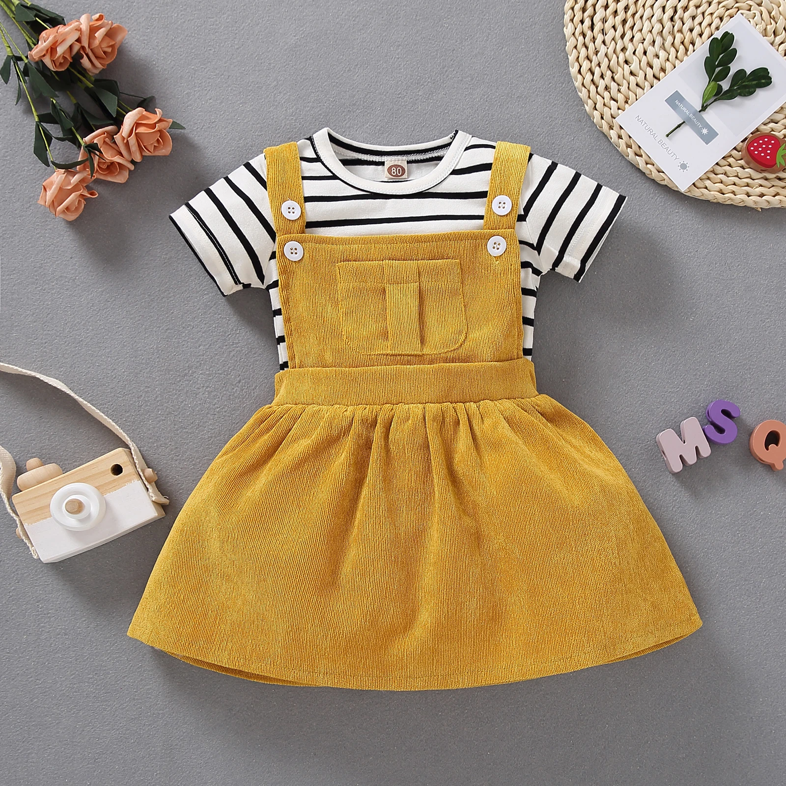 

2pcs Baby Girl Short-sleeve Stripes casual Suit-dress